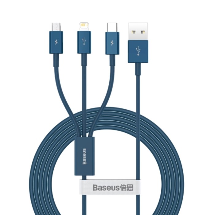 

Кабель 3 в 1 Baseus, 5 А, MicroUSB/Type-C/Lightning - USB, 1.5 м, голубой