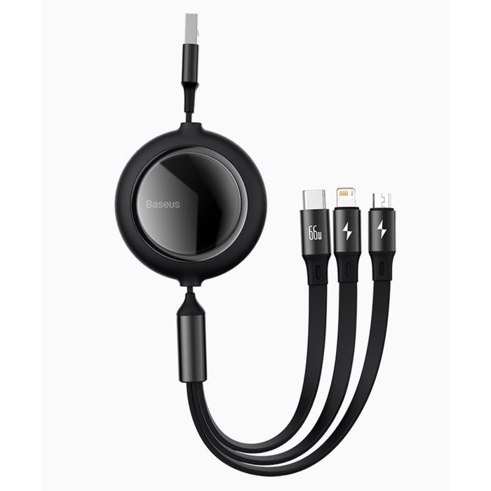 

Кабель-рулетка 3 в 1 Baseus, 3.5 А, MicroUSB/Type-C/Lightning - USB, 1.1 м, чёрная