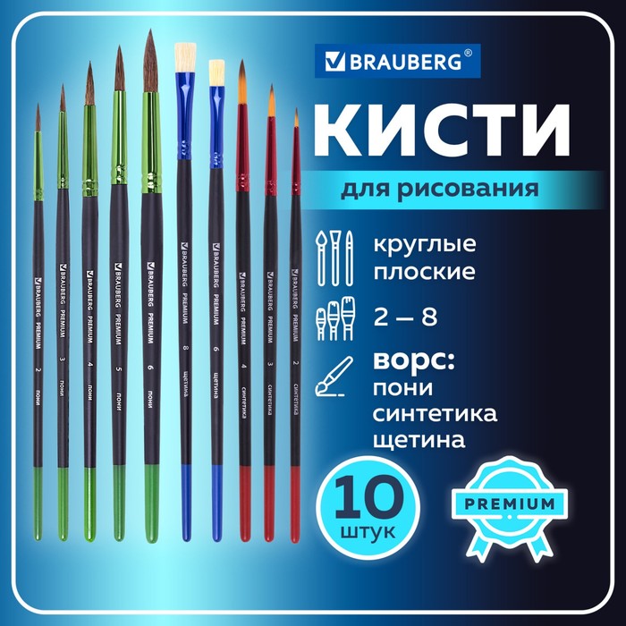 Набор кистей 10 штук, BRAUBERG PREMIUM, круглые пони - 5 шт., синтетика - 3 шт., плоские щетина - 2 шт.