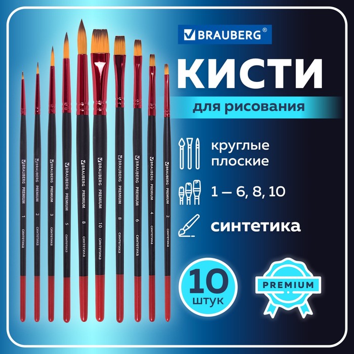 Набор кистей Синтетика 10 штук, BRAUBERG PREMIUM, круглые № 1, 2, 3, 5, 8; плоские № 2, 4, 6, 8, 10