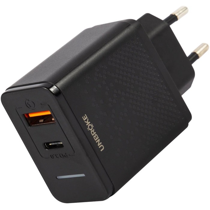 Сетевое зарядное устройство UNBRÖKE UN-1, USB+Type-C, 3 A, индикатор, черное