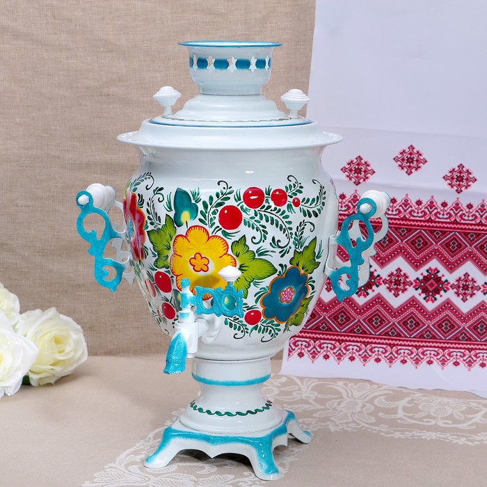 Набор «Букет на белом», жёлудь, 3 предмета, самовар 3 л, заварочный чайник 0,7 л, поднос