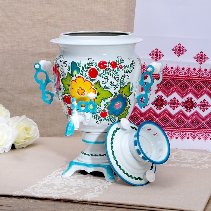 Набор «Букет на белом», жёлудь, 3 предмета, самовар 3 л, заварочный чайник 0,7 л, поднос