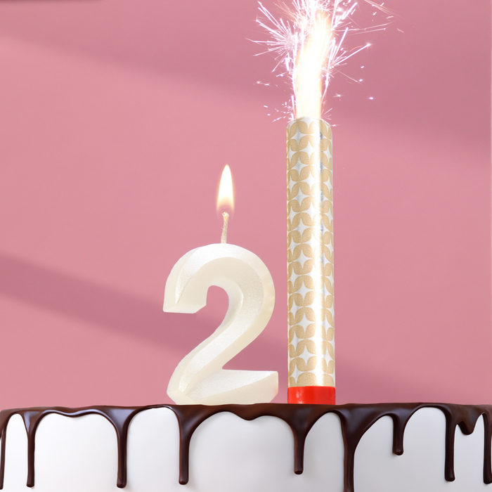Свеча в торт Грань + фонтан, цифра 2, жемчужный, 6,5 см