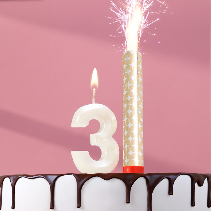 Свеча в торт Грань + фонтан, цифра 3, жемчужный, 6,5 см