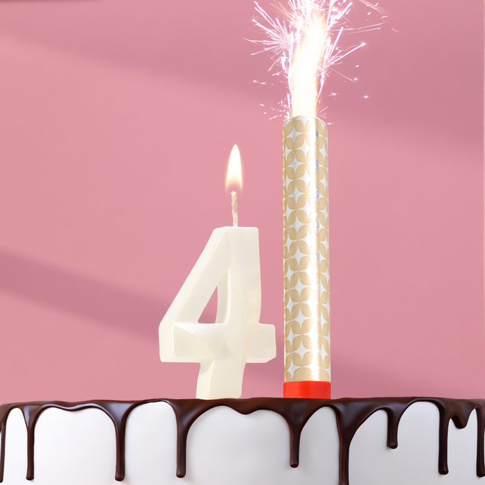 Свеча в торт Грань + фонтан, цифра 4, жемчужный, 6,5 см