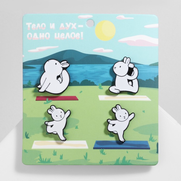 

Набор значков (4 шт.) «Зайчики» йога, цвет белый в чёрном металле