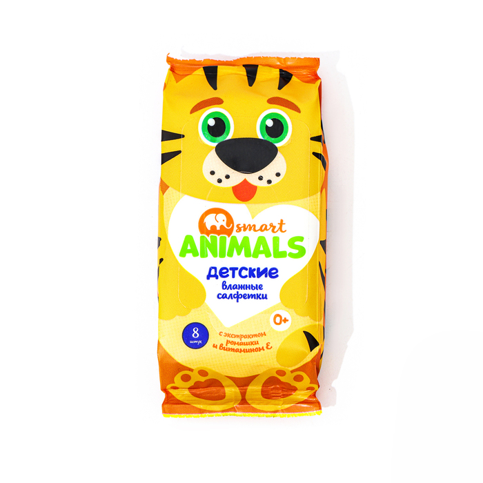 Влажные салфетки Smart Animals детские с ромашкой и витамином Е mix, 8 шт цена и фото