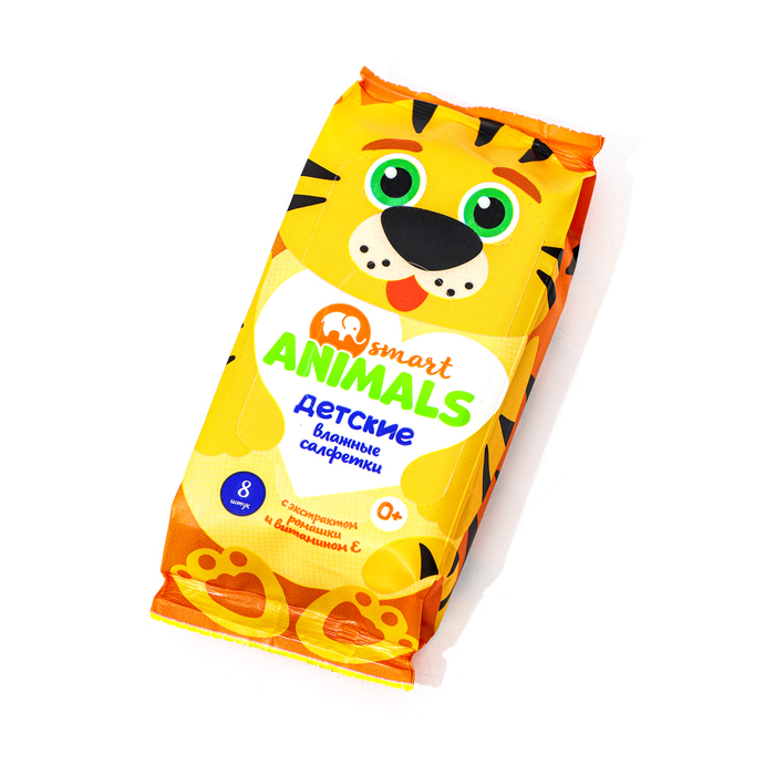 Влажные салфетки Smart Animals детские с ромашкой и витамином Е mix, 8 шт