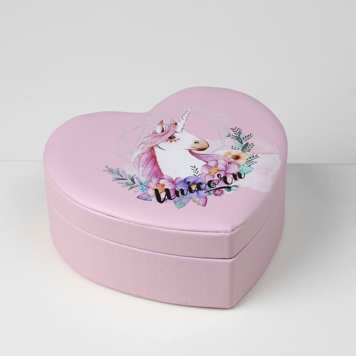 фото Органайзер для украшений портативный с зеркалом "шкатулка сердце единорог", 17*15*7 см, цвет розовый queen fair