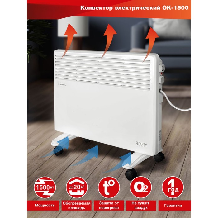 

Конвектор «Ресанта» ОК-1500, 1,5 кВт, до 20 м.кв.