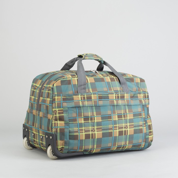 Сумка дорожная "Клетка", 1 отдел, 1 наружный карман, 2 колеса, выдвижная ручка, зелёный/оранжевый