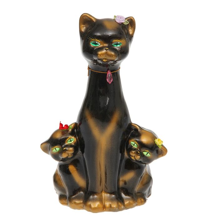Копилка "Кошка с котятами" глянец, чёрная, задувка золото