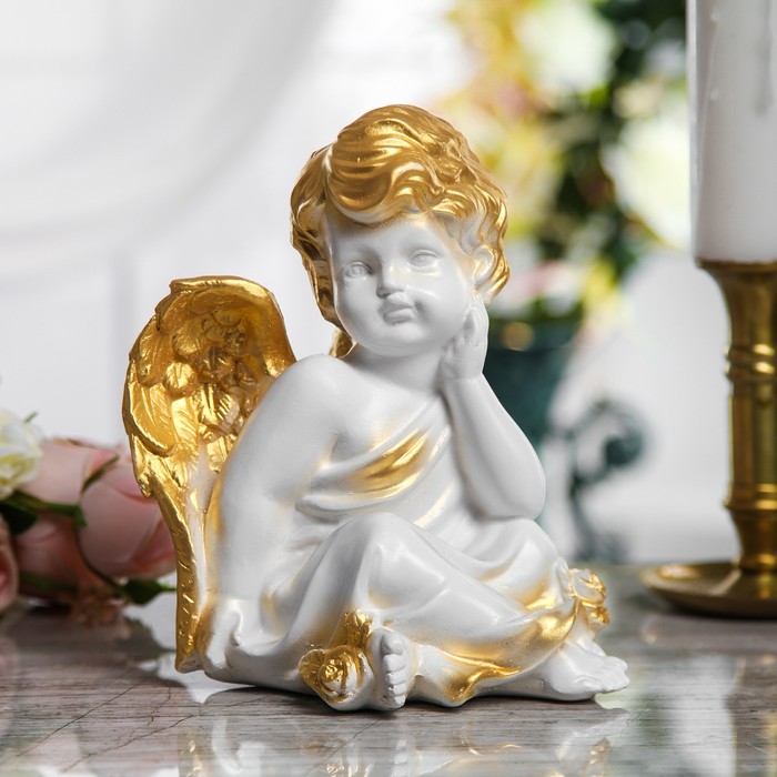 Статуэтка "Сидящий ангел" малая, бело-золотая