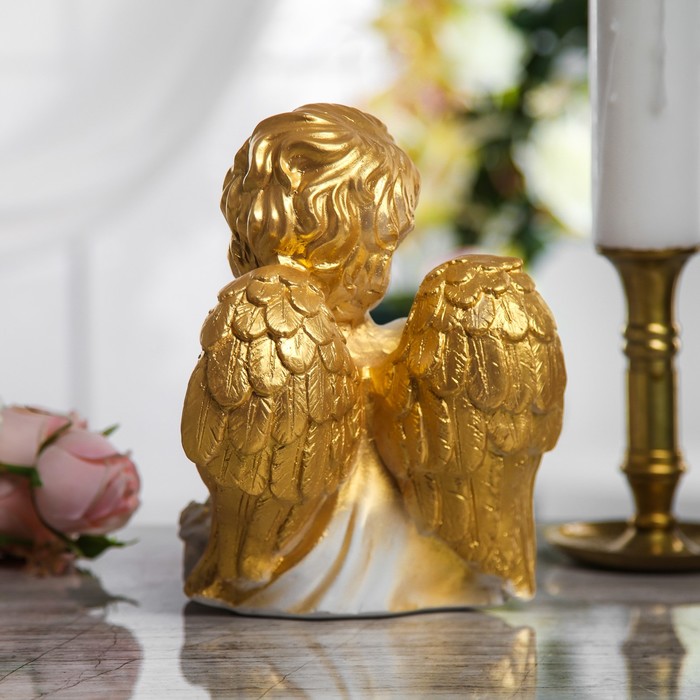 Статуэтка "Сидящий ангел" малая, бело-золотая