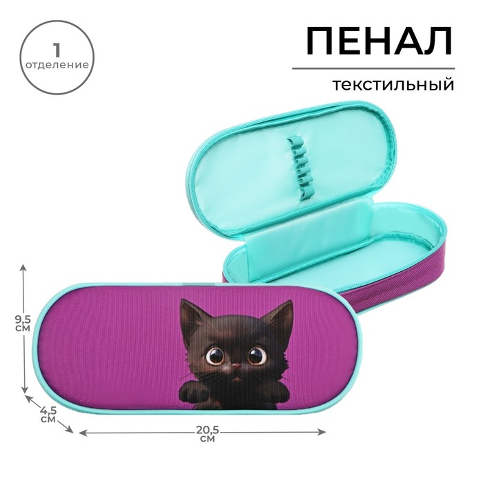 Пенал-футляр 95 х 205 х 45 мм мягкий текстильный Calligrata ПМК 27-20 резинка на клапане Котик черный 461₽