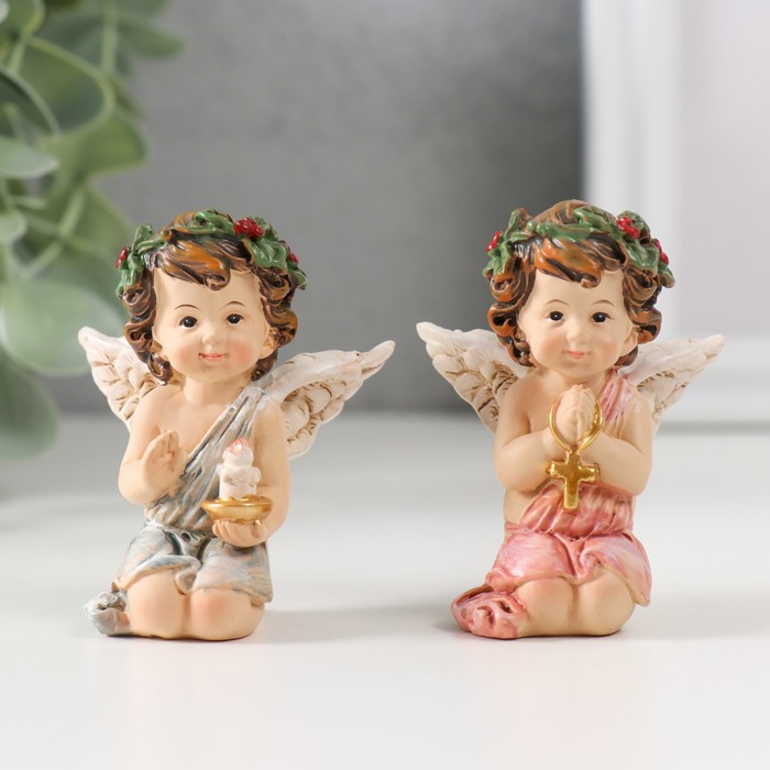 Сувенир полистоун Ангел с веночком со свечой/крестиком МИКС 6х4,8х3,4 см