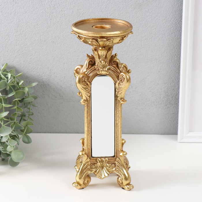 Подсвечник полистоун на 1 свечу Империя золото с зеркалом 9,5х7х26 см