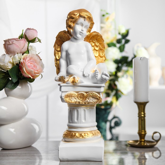 Статуэтка "Ангел на колонне" белый, золото