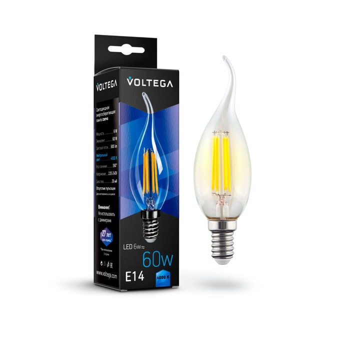цена Лампа Voltega 7018, 6Вт, 3,5х3,5х12 см, E14, 600Лм, 4000К, цвет прозрачный