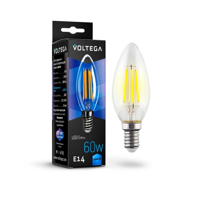 цена Лампа Voltega 7020, 6Вт, 3,5х3,5х10 см, E14, 600Лм, 4000К, цвет прозрачный