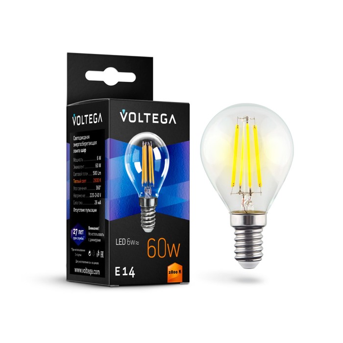 цена Лампа Voltega 7021, 6Вт, 4,5х4,5х7,8 см, E14, 580Лм, 2800К, цвет прозрачный