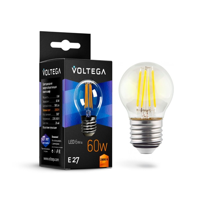 цена Лампа Voltega 7023, 6Вт, 4,5х4,5х7,4 см, E27, 580Лм, 2800К, цвет прозрачный