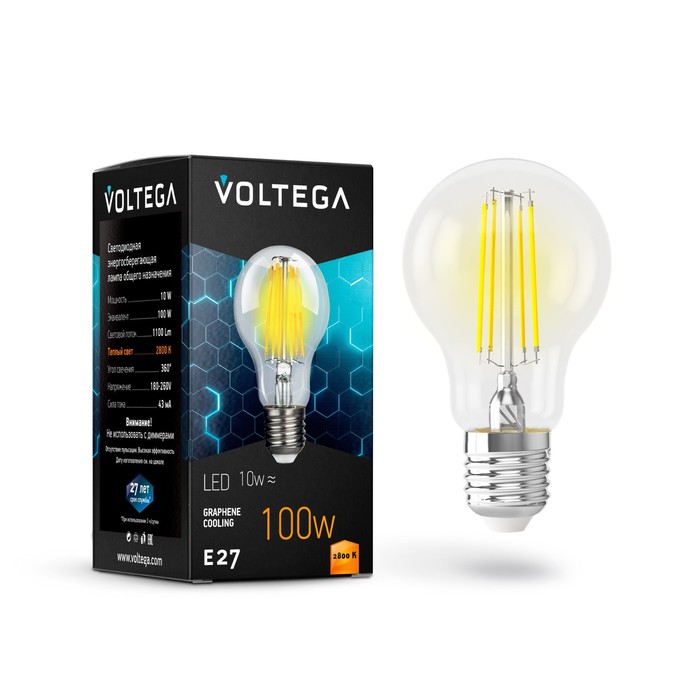 Лампа Voltega 7102, 10Вт, 6х6х11 см, E27, 1100Лм, 2800К, цвет прозрачный