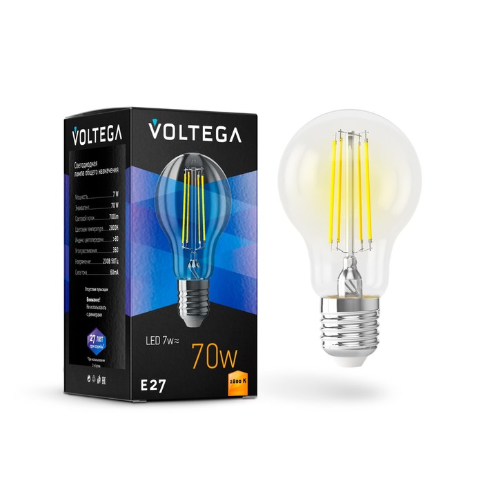 

Лампа Voltega 7140, 7Вт, 6х6х10,5 см, E27, 700Лм, 2800К, цвет прозрачный