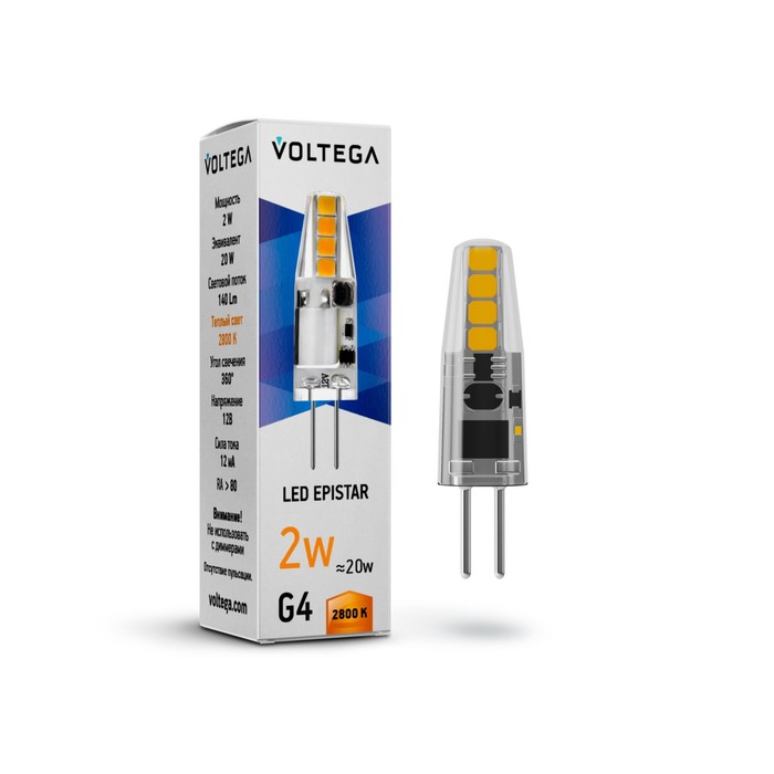 Лампа Voltega 7142, 2Вт, 1,1х1,1х3,8 см, G4, 140Лм, 2800К, цвет прозрачный