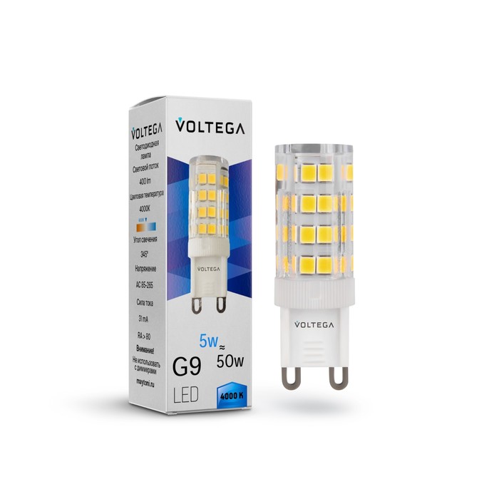 цена Лампа Voltega 7186, 1х5Вт, 1,6х1,6х5,3 см, G9, 460Лм, 4000К, цвет прозрачный