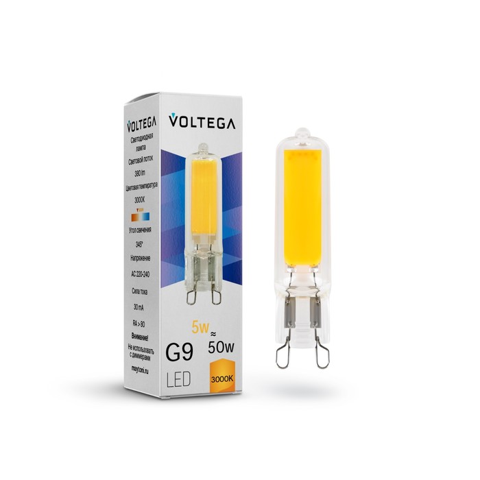 цена Лампа Voltega 7181, 5Вт, 1,4х1,4х6 см, G9, 400Лм, 3000К, цвет прозрачный