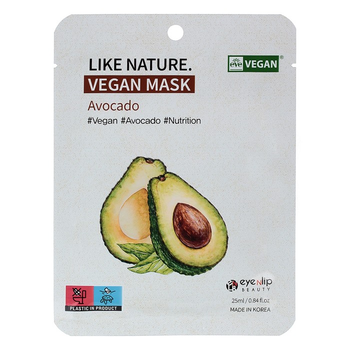 Маска тканевая с экстрактом авокадо Like Nature Vegan Mask Pack # Avocado eyenlip beauty vegan маска тканевая с экстрактом граната like nature vegan mask 25 мл 6 штук
