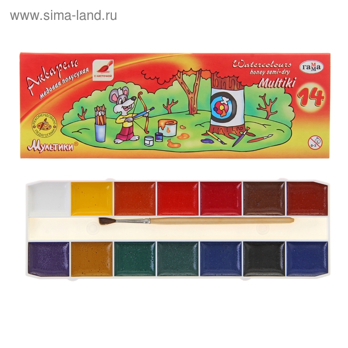 

Акварель 14 цветов «Гамма» «Мультики», медовая, с кистью, картон