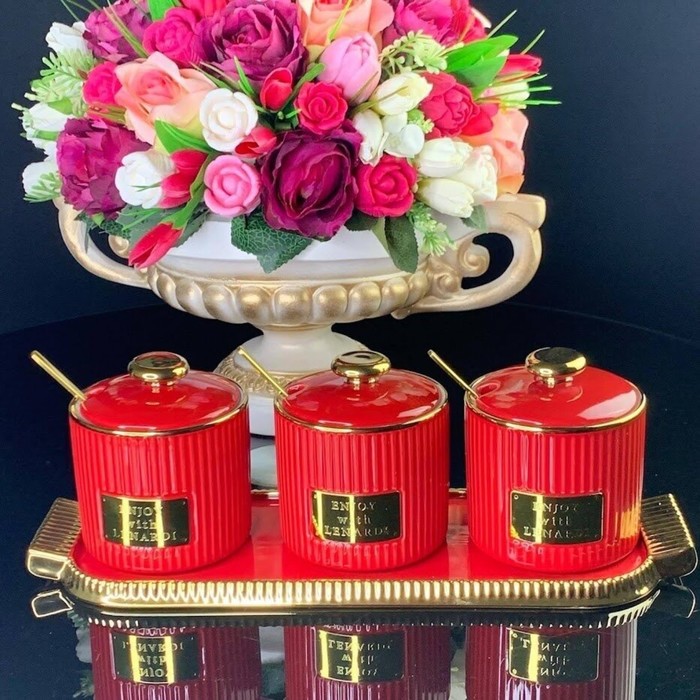 Набор банок Lenardi, с ложками на подставке, 3 шт, цвет красный набор из 2 банок с ложками на подставке 360 мл