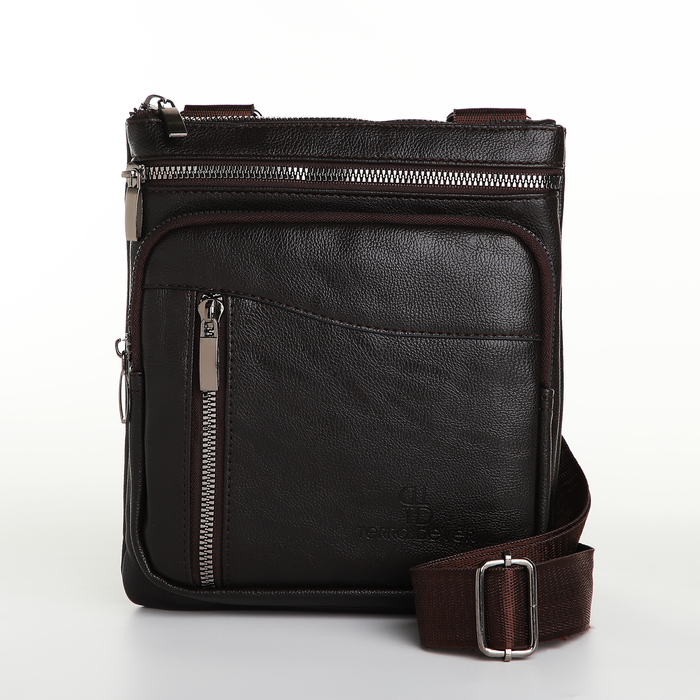 Сумка мужская на молнии Terra Dever, 2 кармана, длинный ремень, цвет коричневый