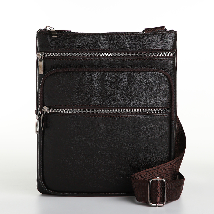 Сумка мужская на молнии Terra Dever, 2 кармана, длинный ремень, цвет коричневый