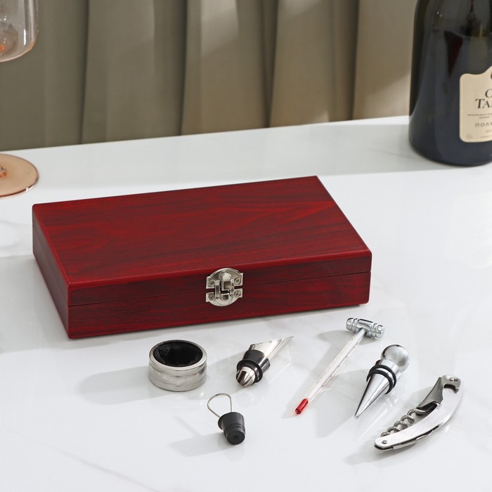 фото Набор для вина в кейсе, 5 предметов: пробка 2 шт, нож для фольги, кольцо, термометр