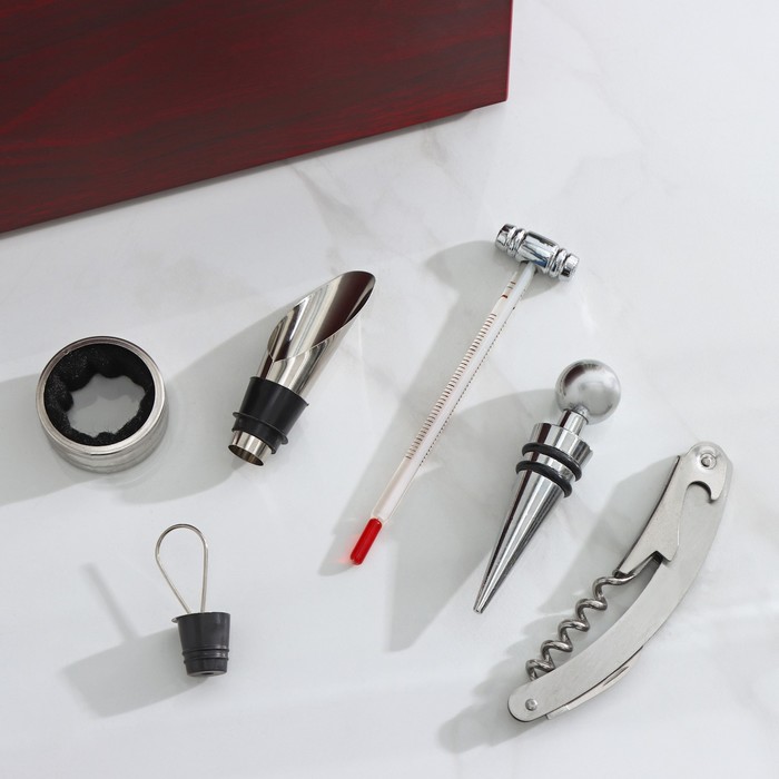 Набор для вина в кейсе, 5 предметов: пробка 2 шт, нож для фольги, кольцо, термометр