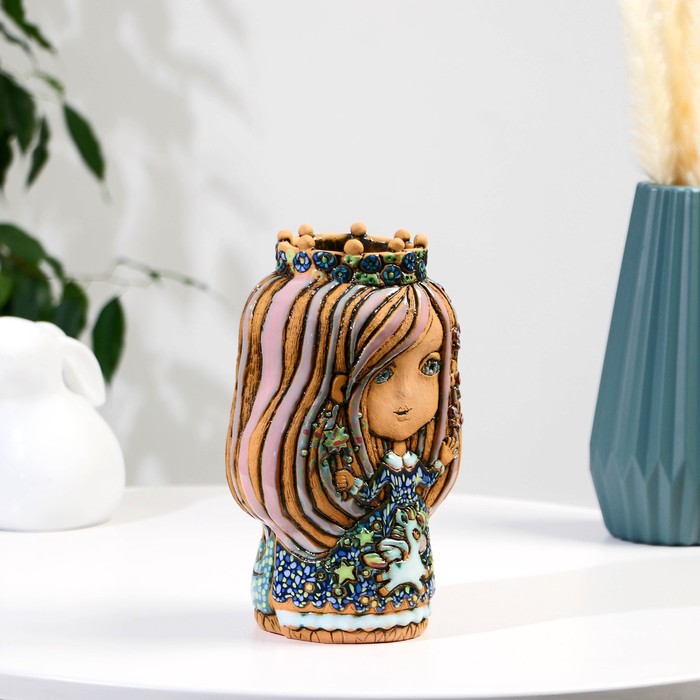 фото Сувенир керамика "девочка-фея" с единорогом тёмная (ваза), h=22 см v=1л