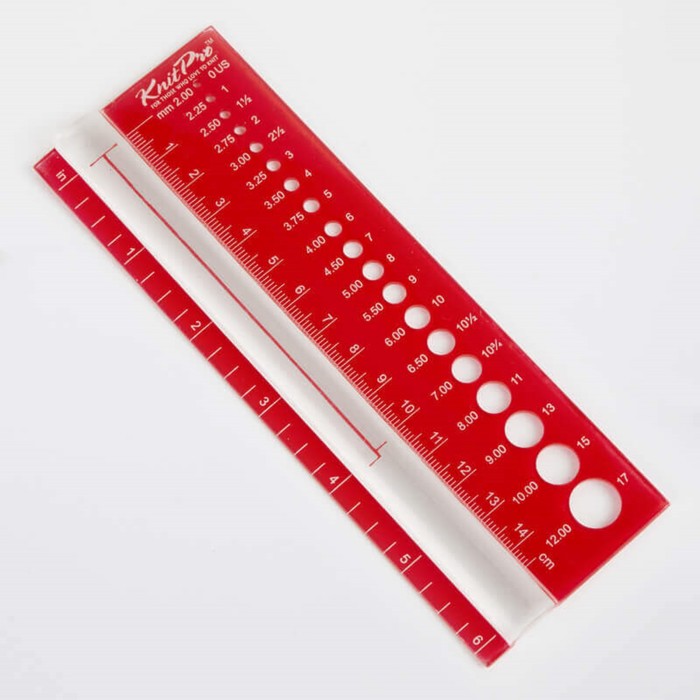 линейка knitpro для спиц и плотности вязания красная Линейка для определения размера спиц KnitPro, прямоугольная красная 10701