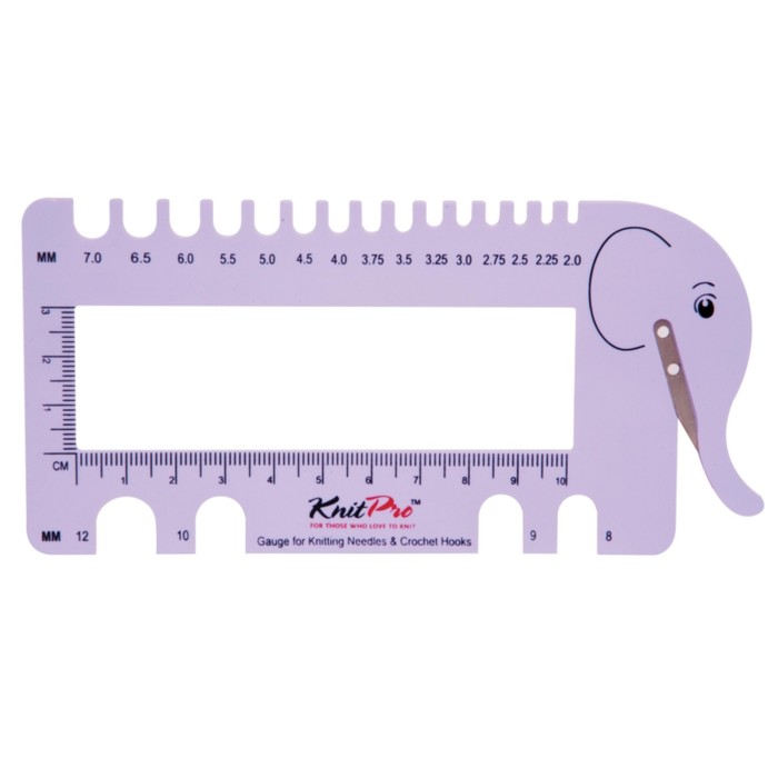 линейка слон для измерения размера спиц с резаком для нити knitpro 10994 Линейка для определения размера спиц с резаком для пряжи KnitPro, нежно-сиреневая 10995