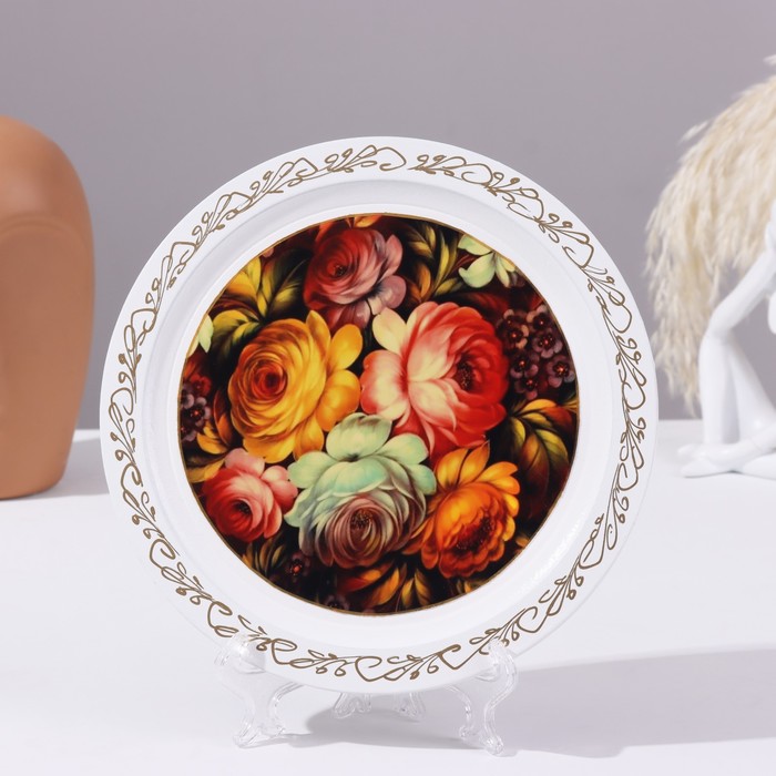 тарелка декоративная жостово пышные цветы настенная d 20 см ручная работа Панно-тарелка «Жостово», белая, D = 20 см, лаковая миниатюра