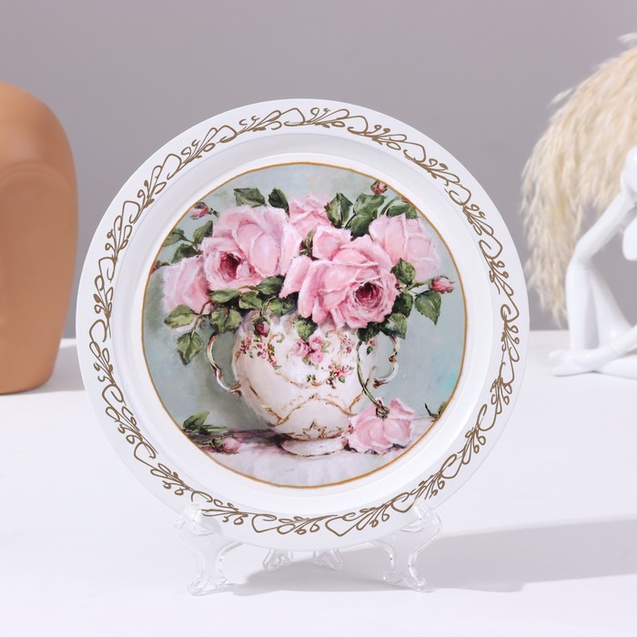Панно-тарелка «Ваза с розами», белая, D = 20 см, лаковая миниатюра g488 ваза с розами