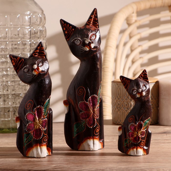 фото Сувенир дерево набор 3 шт "кошки с цветком на брюшке" 25х13х5 см