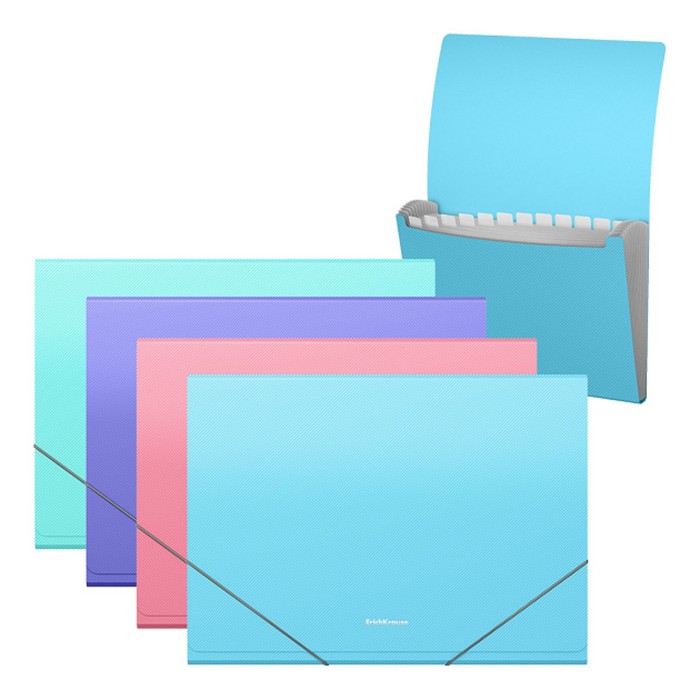 Папка-картотека, А4, 12 отделений, 600 мкм, ErichKrause Diagonal Pastel, на резинке, тиснение, микс