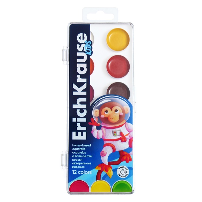 

Акварель 12 цветов ErichKrause "Kids Space Animals", медовая, в пластиковой коробке, с УФ защитой яркости