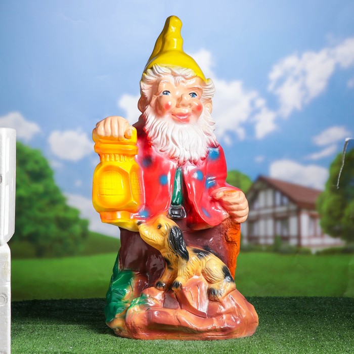 Садовая фигура "Гном с собакой и фонарём"