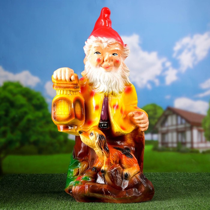 Садовая фигура "Гном с собакой и фонарём"