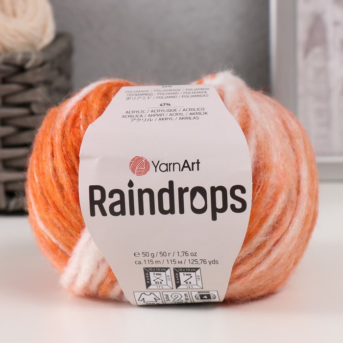 

Пряжа "Raindrops" 18% шерсть, 35% полиамид, 47% акрил 115м/50гр (2903 абрикос меланж)